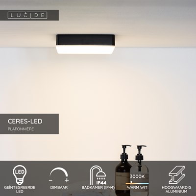 Lucide CERES-LED - Plafonnière Badkamer - LED Dimb. - 1x30W 3000K - IP44 - Zwart